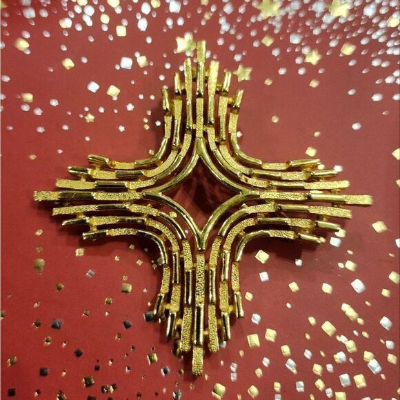 Vtg 1950s Trifari Cross Brooch Pin Deco Style Linear Modernist Gold Tone Metal